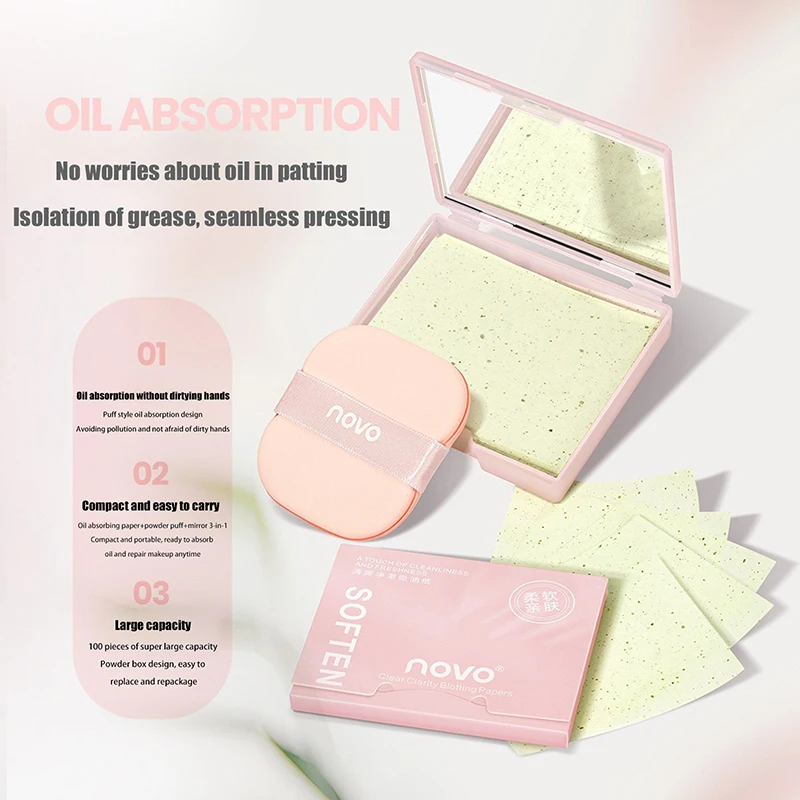 100sheets Facial Oil Absorbing Sheets Face Oil Blotting Papers With Mirror Makeup Puff Refreshing Portable Oil Control Tool Kits