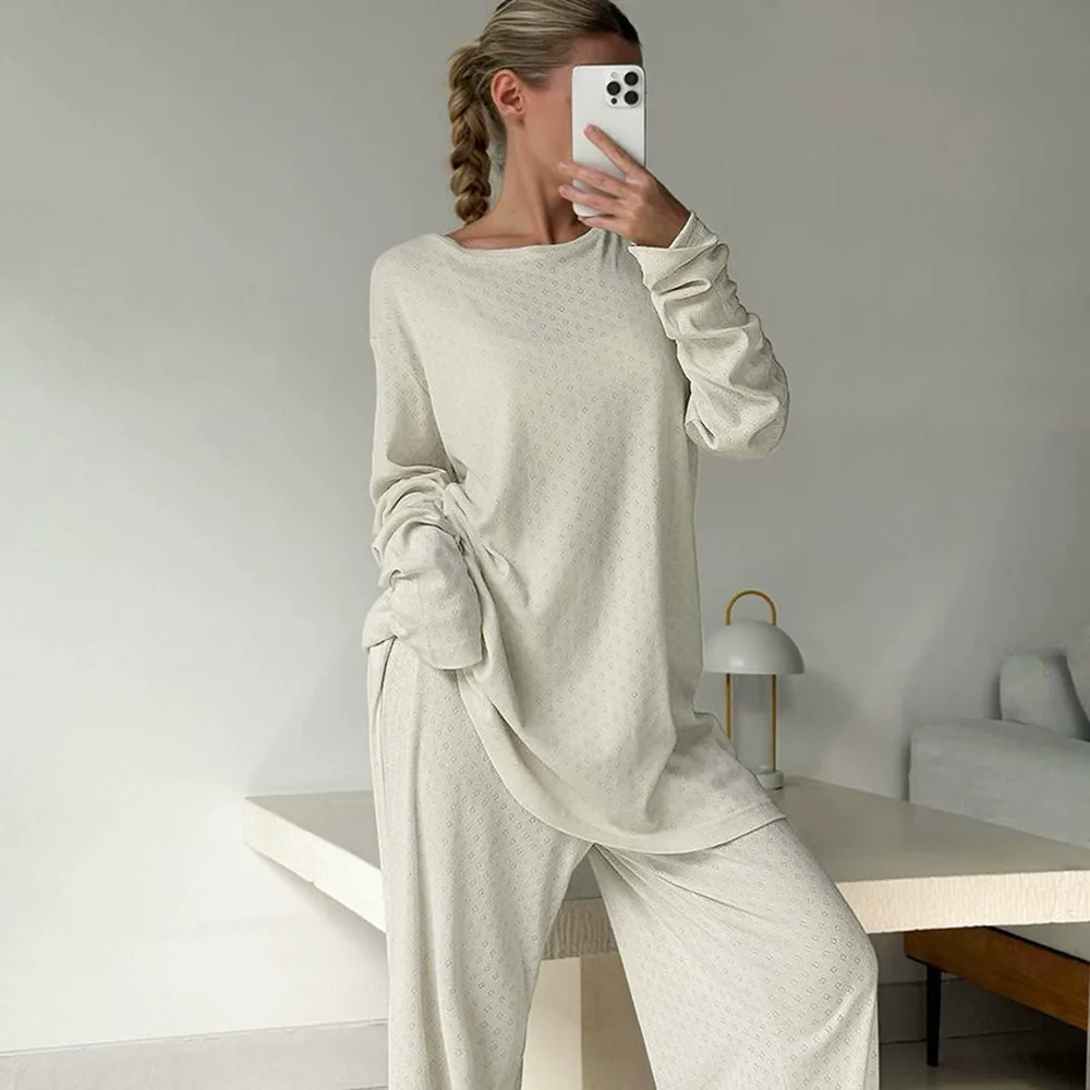 

2025 new European American design loose pajama set jacquard long-sleeved and long-pants 2 pieces women's loungewear sleepwear