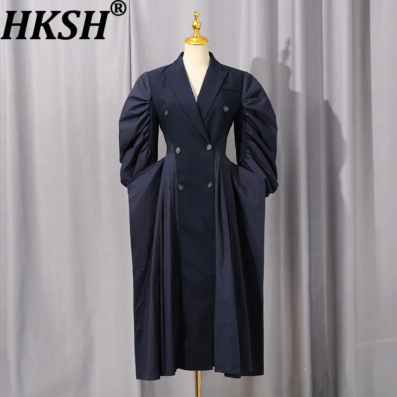 

HKSH Spring Autumn New Women's Long Trench Coat Ruffled Sleeves Pleated Slim Fit Double Breasted Elegant High-end Jacket HK15494