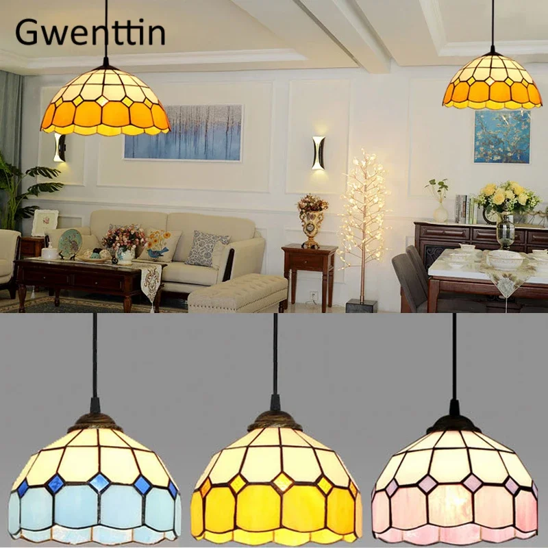 Simple Square Pendant Light Mediterranean Stained Glass Hanging Lamp for Home DecorTiffany Dining Room Kitchen Lighting Fixture