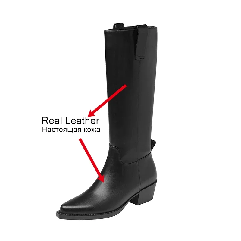 JOZHAMTA Retro Elegant Women Knee-High Boots Thick Heels Genuine Leather Knight High Boots Autumn Winter Office Lady Shoes Woman