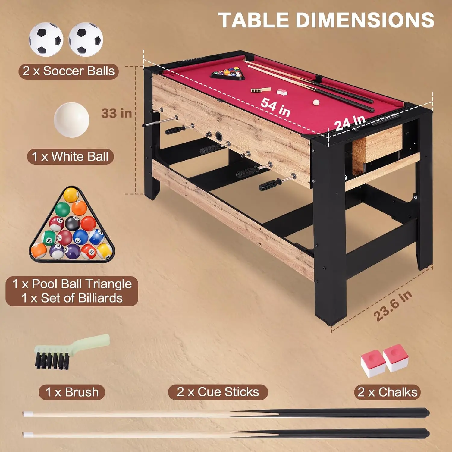 54” 2-in-1 Swivel Multi Game Table - Billiards, Foosball, Combo Game Table Set for Adults Kids, Game Room, Friends & Family w