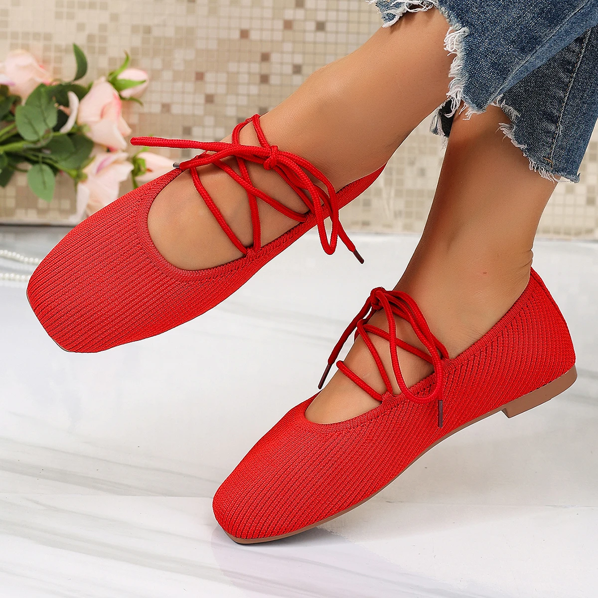 Französische flache Schuhe 2026 Sommer Neu Runde Zehenpartie Atmungsaktive Leichte Ballett-Strick-Freizeitschuhe Bequeme Damenschuhe – Detail 1