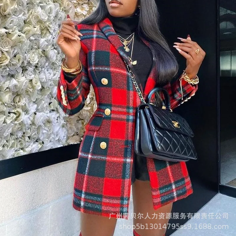 Women's Autumn Winter Red Plaid Long Lapel Coat Blazer Jacket Double Breasted Button Fashion Office Smart Coats