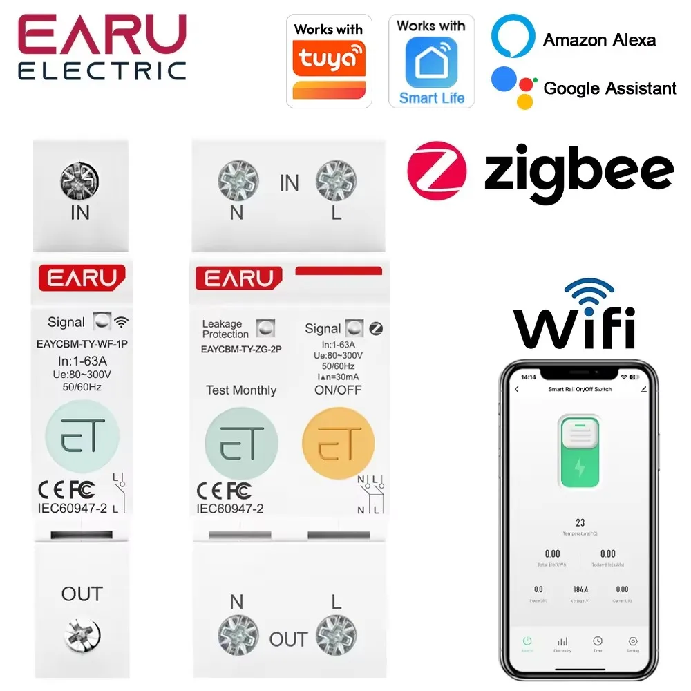 1P 2P 1-63A Tuya WiFi ZigBee Smart Switch Energy Meter Circuit Breaker kWh Voltage Current Leakage Protection Remote Control