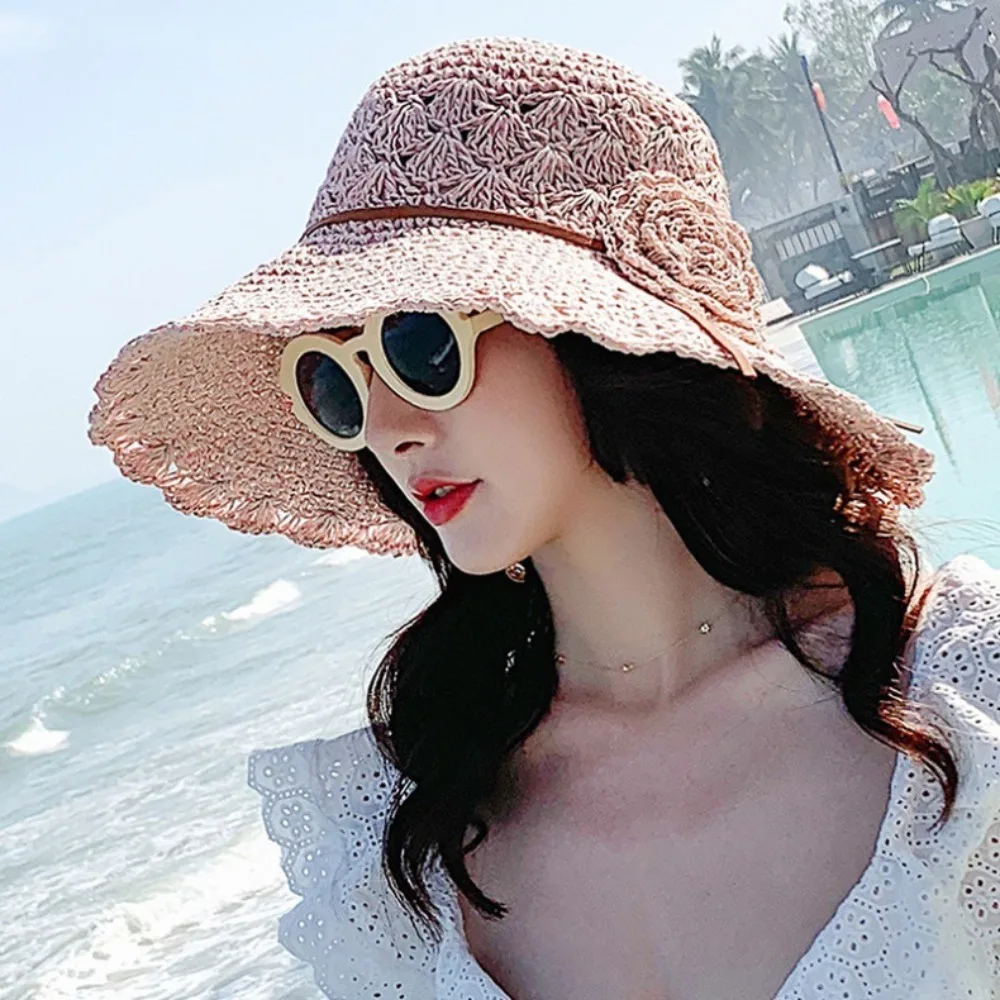 

Crochet Straw Hats New UV Protection Ruffle Detail Sun Visor Hat Foldable Elegant Beach Hat Summer