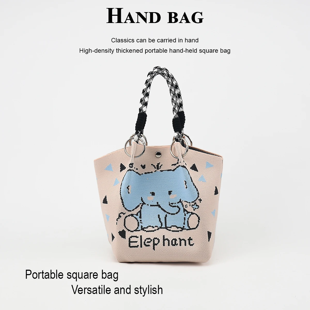 Women's casual handbag, featuring cute animal cartoon patterns, detachable circular buckle handle, mixed-color rope strap, easy and quick to close, suitable for commuting, shopping, traveling, and outings, can hold a c