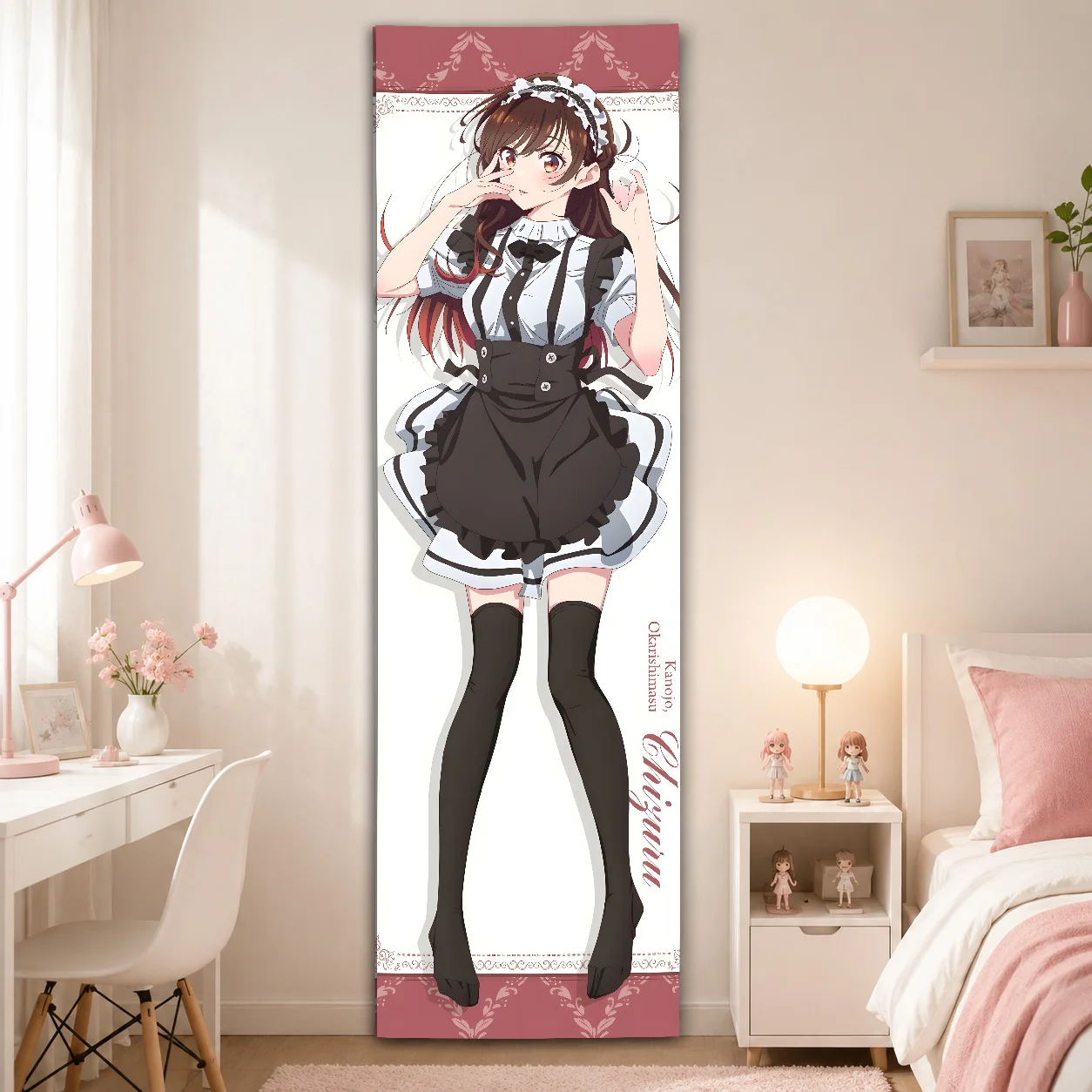 Rent-A-Girlfriend Chizuru Mizuhara Maid Tapestry, Burgundy Lace Anime Long Vertical Wall Hanging for Otaku Bedroom Decor