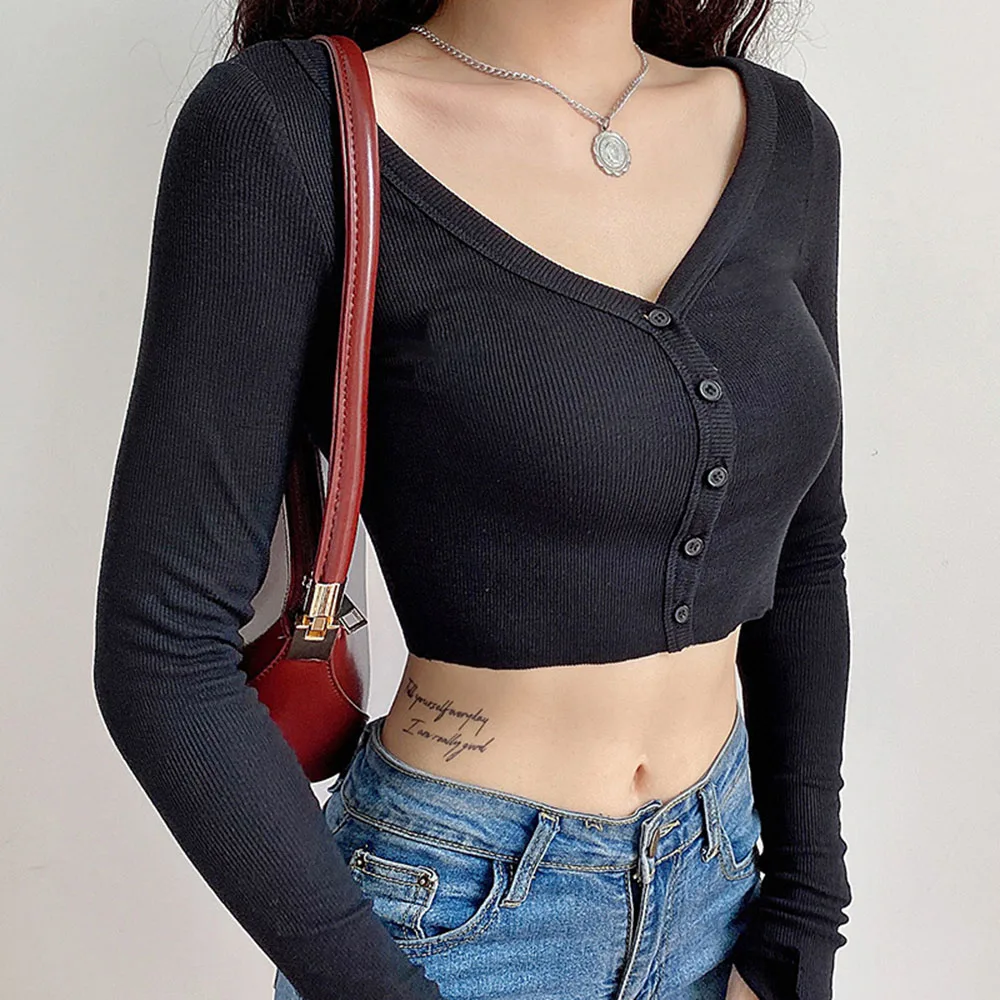 Cardigan à manches longues et col en V pour femmes, haut court monochromatique, t-shirt amincissant sexy, base transportée, filles épicées