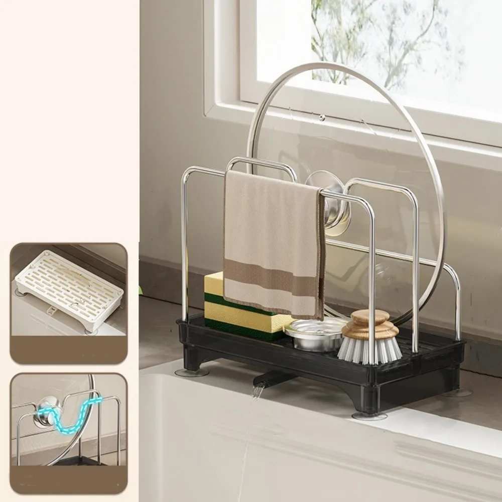 

Stainless Steel Pot Lid Rack Detachable Space Saving Cutting Board Holder with Drain Pan Stable Sponge Holder Sink Storage