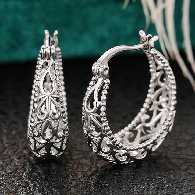Huitan wdzięku, wydrążony design kolczyki koła Lady eleganckie delikatne akcesoria na rocznicę metalowa biżuteria w kolorze srebrnym