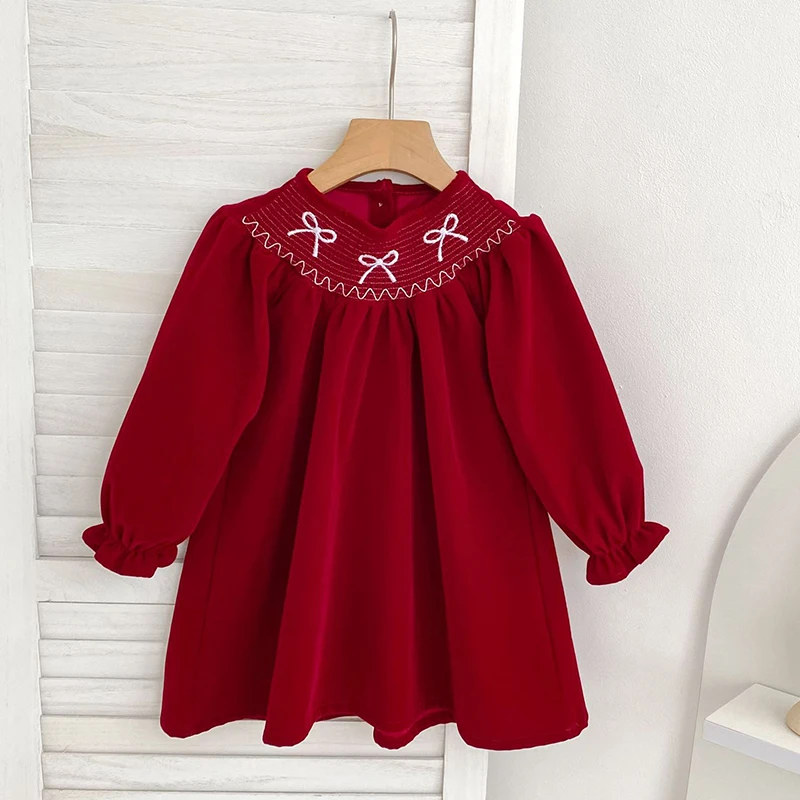 فستان حفلة عيد الميلاد طفلة القوس الأميرة كشكش إنهاء فستان موضة عيد الميلاد عطلة الخريف الشتاء ارتداء الاطفال فتاة فستان