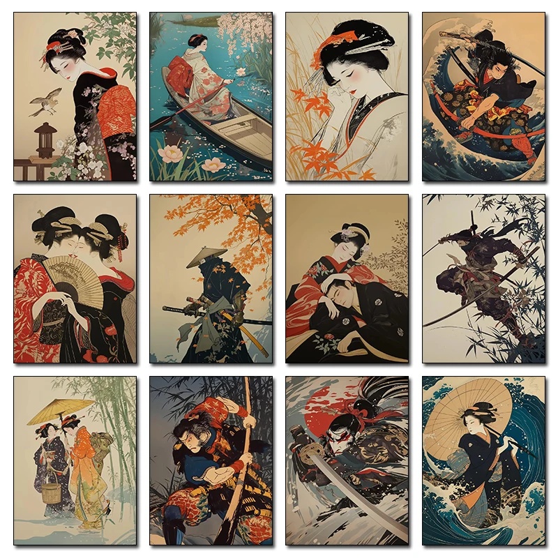 الكلاسيكية Ukiyoe الرجعية اليابانية الساموراي الثقافة اليابانية التقليدية المشارك قماش لوحات صور فنية للجدران لغرفة ديكور المنزل #1