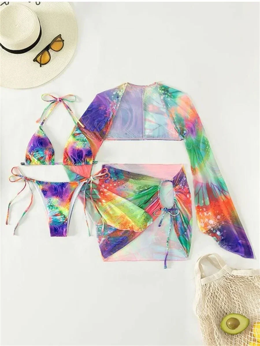 Sexy Tie Dye Gradient Bikini Set 2025 Women Long Sleeve Cover Up Pleate Skirt 4 Piece Swimsuit Beach Bathing Suit Thong Swimwear