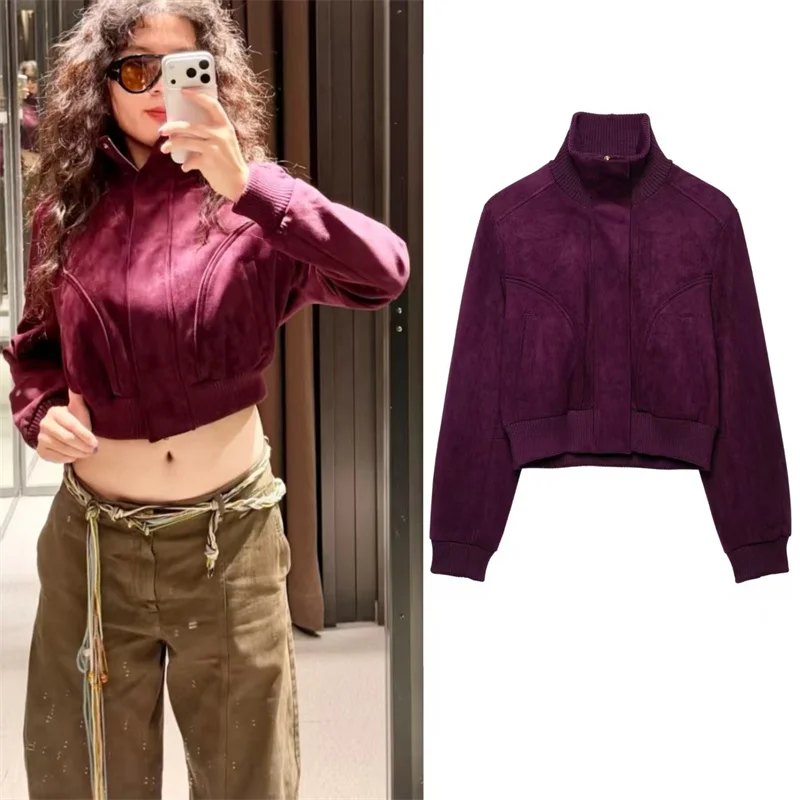 Guobioziy Women's Jacket 2026 Fall New Long-Sleeve Purple Stand Collar Suede Short Jacket Parka, Stylish and Trendy