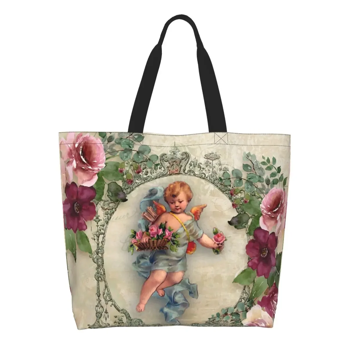 Vintage Rose Victorian Angel Groceries Shopping Bag Funny Print Canvas Shopper Shoulder Tote Bag Big Capacity Washable Handbag