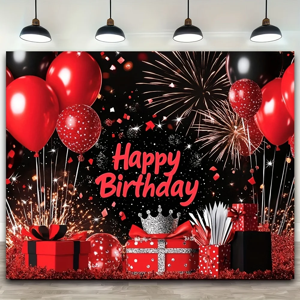 1, leuchtend roter und schwarzer „Happy Birthday“-Hintergrund – Feiertagsfeierdekoration, mit Luftballons, Feuerwerk und Geschenkboxen, Geburtstag