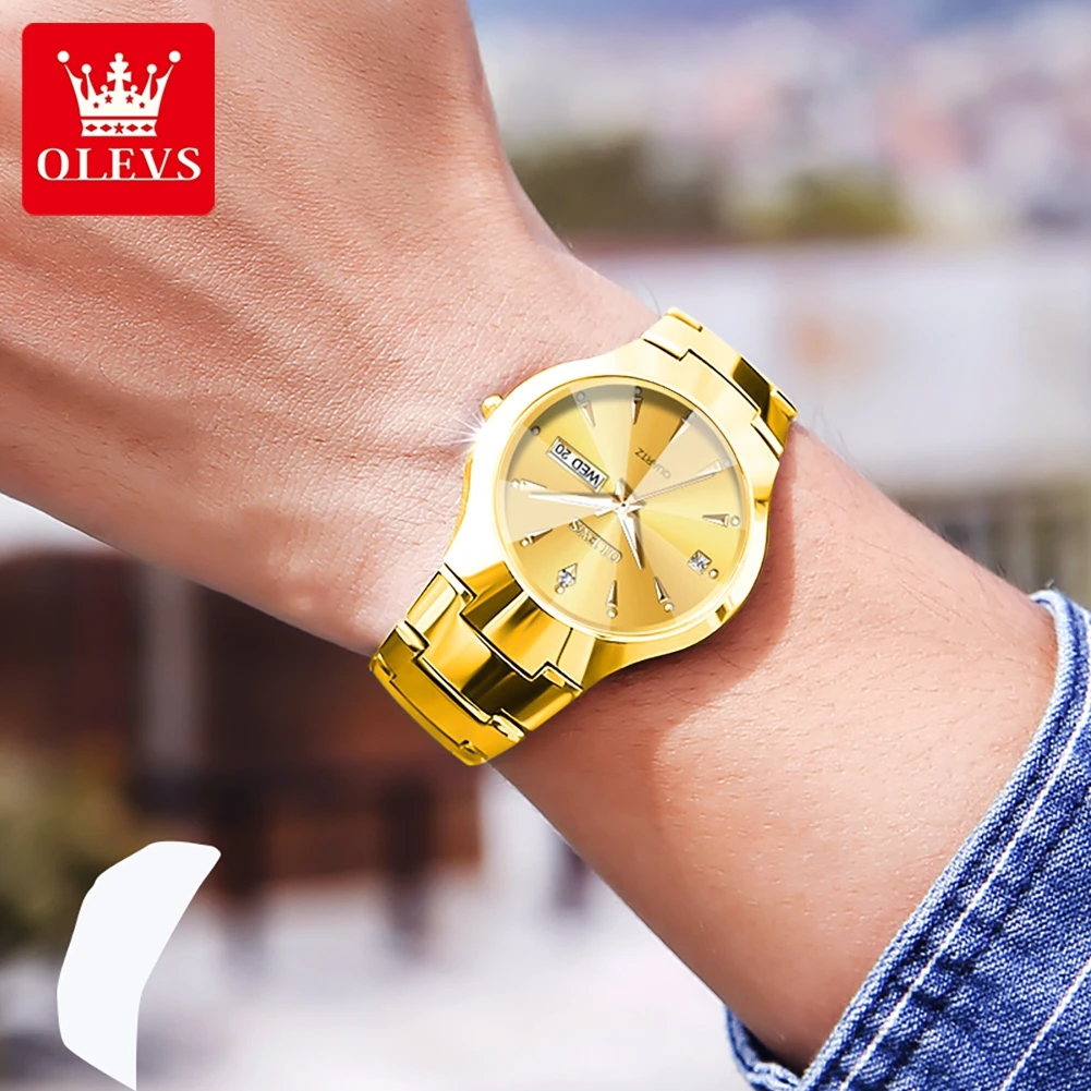 OLEVS Tungsten steel Men\'s Watch Rhombus Mirror Waterproof Luminous Calendar Gold Wristwatch Male Quartz Watch for Man Original