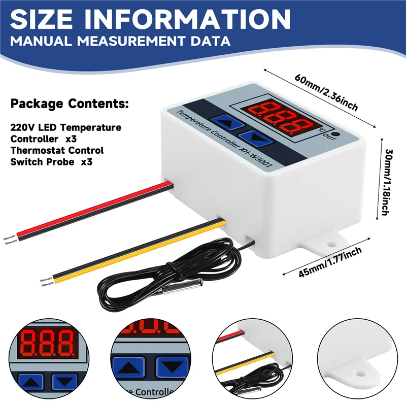 B92B-3Pcs 220V 10A Digital LED Temperature Controller Thermostat Control Switch Probe