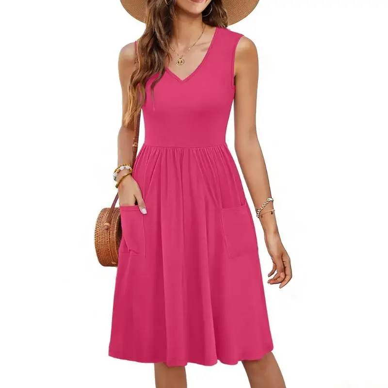 31BF Sleeveless casual dress with pockets, perfect for women's beach vacation wear.