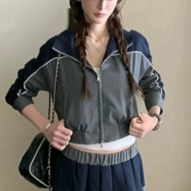 HKSH Mantel Für Frauen Herbst Neue Patchwork Kontrast Farbe Zipper Adrette Jacke Elastische Taille Gefaltete Süße Ins Rock HK10836