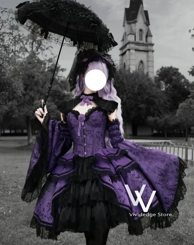 Victorian Purple Black Gothic Lolita Prom Dresses Off Shoulder Flare Sleeve Lace Ruffle Cosplay Costume Party Dress Customized
