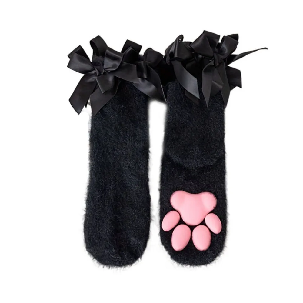 Fashion Coral Velvet Cat Paw Plush Socks Kitten Claw Paw Pads 3D Cat Paw Socks Cold-proof Lolita Style Bowknot Warm Socks Indoor