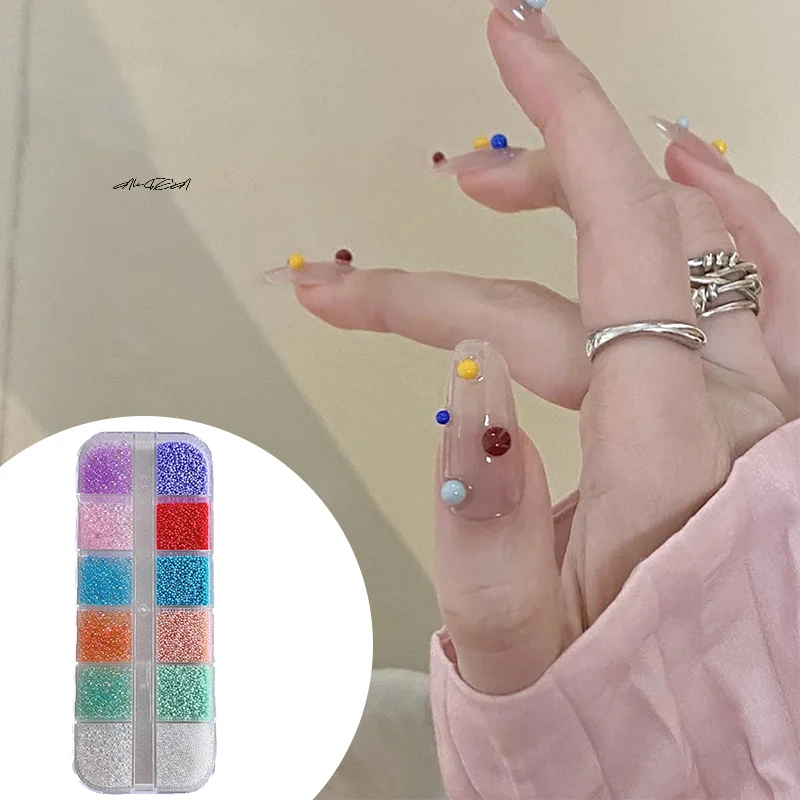 12 przegródek/pudełko Ozdoby do paznokci 3D Kolorowe perły Okrągłe koraliki Biżuteria Manicure Rzemiosło Cyrkonie Akcesoria do dekoracji