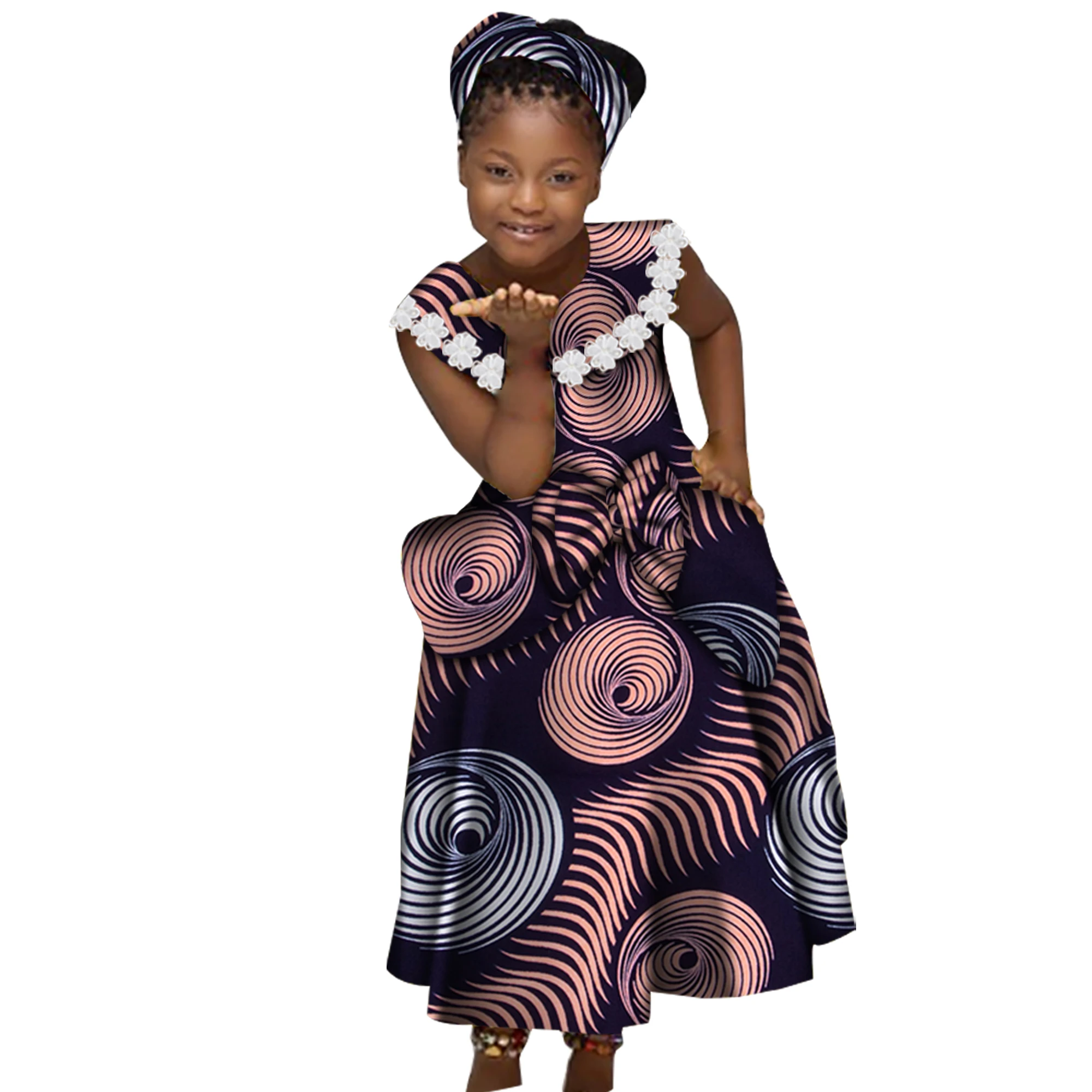 

African Dresses for Little Girls Pleated Skirt Gifted Hair Band Lovely Girl Clothing with Big Bow Custom Size Clothes WYT538