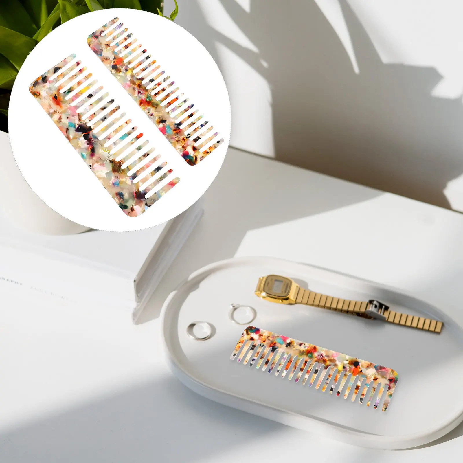 2Pcs Elegant Marble Texture Hair Comb Wide Tooth Design for Scalp Relaxation Detangling Combs for Curly Straight Thin Thick Hair