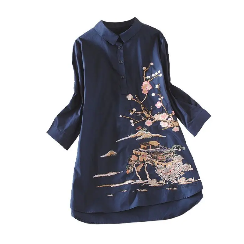 Embroidered Flower Ethnic Style Mid-length Pullover POLO Collar Shirt for Women Spring and Autumn Three-quarter Sleeve Shirt