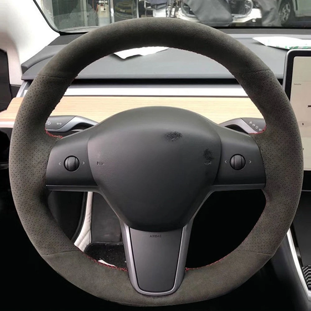 Non-slip Black Genuine Leather Sued DIY Hand-Stitched Car Steering Wheel Cover For Tesla model 3 2017-2021