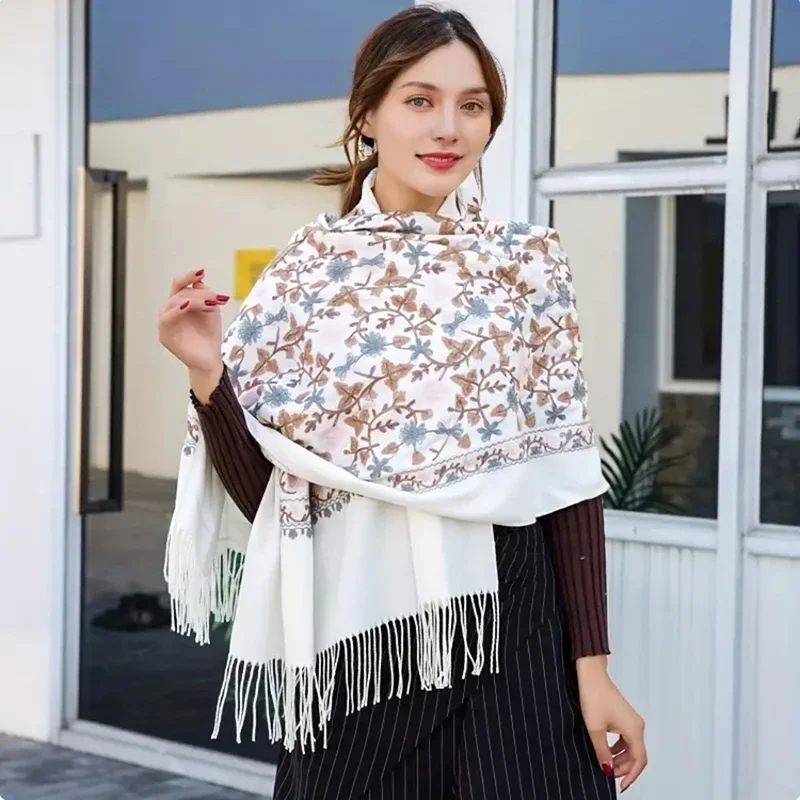 Winter Imitation Cashmere Shawl Thickened Tassel Scarf Floral Embroidery Pashmina For Women Warm Wraps Elegant Scarves