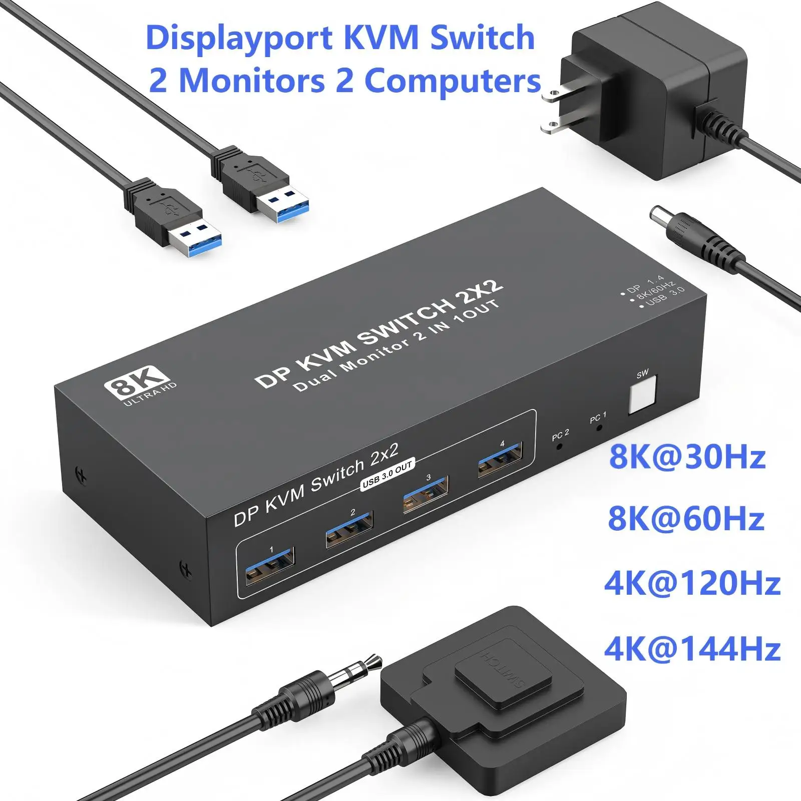 

KVM-переключатель 8K Displayport, 2 монитора, 2 компьютера, 8K при 60 Гц, 8K при 30 Гц, 4K при 120 Гц, двухмониторный переключатель DP1.4 для 2 ПК с 4 портами USB3.0