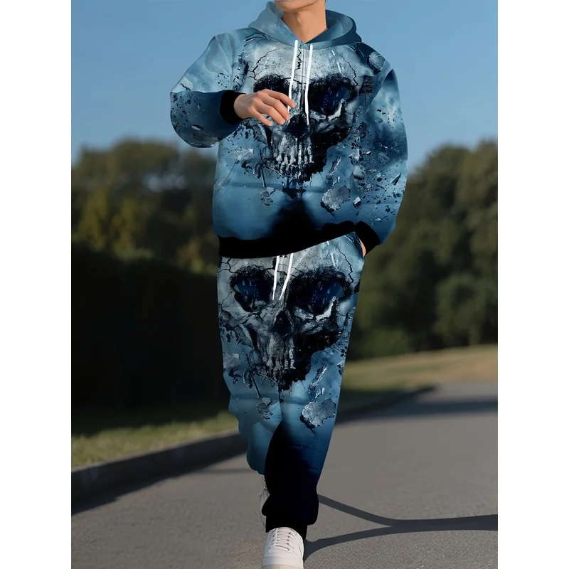 Autumn And Winter Ice Crack Skeleton Theme 2-Piece Set Full Body Printed Long Sleeve Casual Pants Wide Cuffs Ribbed Hoodie