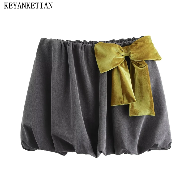 KEYANKETIAN 2024 Autumn New Women's Gold Velvet Bow Decorated Mini Skirt Fashion Sweet Elastic Waist Slim Gray Puffy Skirt Thin