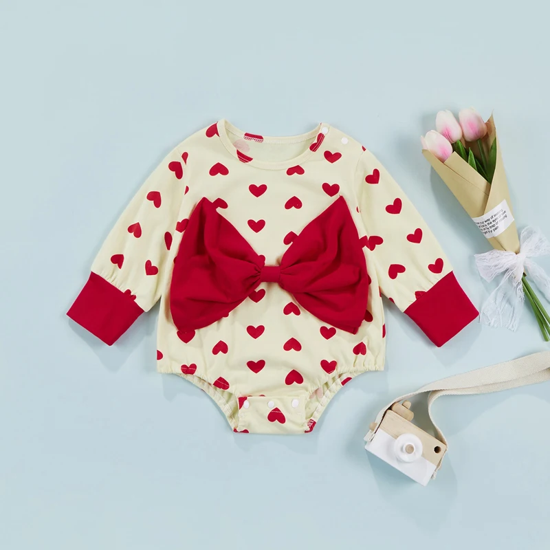 

0-3 Years Clothing Set Baby Girl\u2019s Long Sleeve Romper Fashion Heart Print Bow Round Neck Triangle Jumpsuits