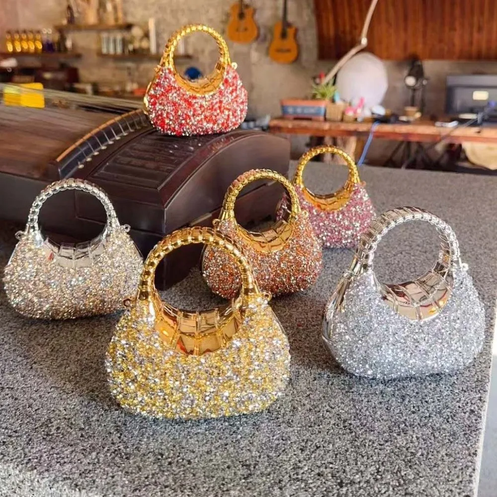 Crystal Embellished Crescent Evening Clutch Geometric Pattern Detachable Chain Rhinestone Box Purse High-shine Finish
