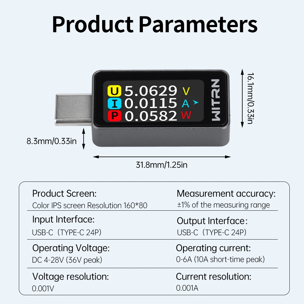 0.96inch Multi-function Voltage Ammeter Power Meter DC 4~28V 0~6A Bidirectional Current Measurement for Battery Testing Monitor