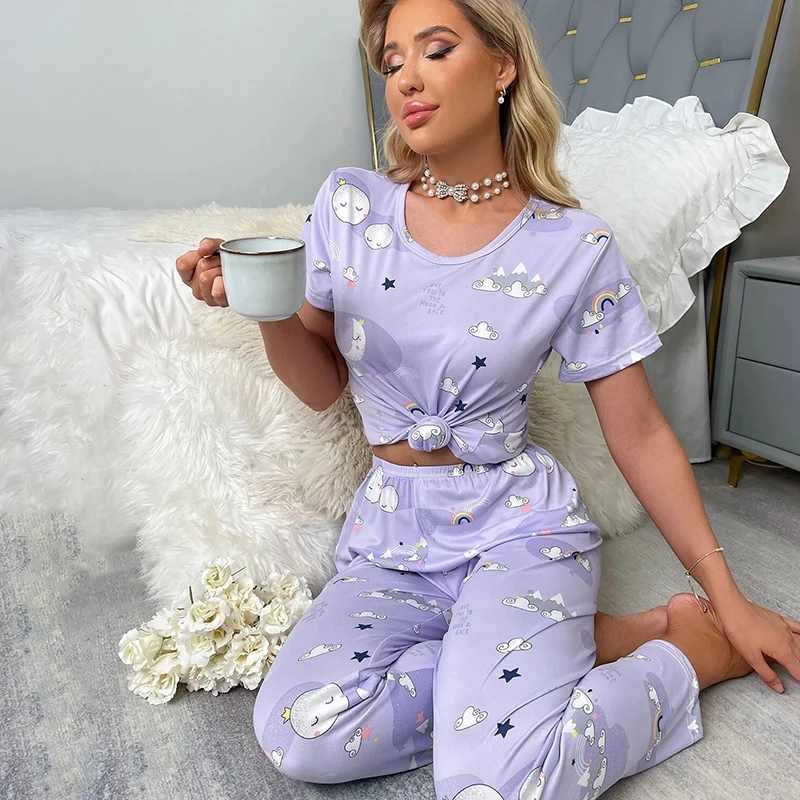 Autumn New Women\'s Sleepwear Pajamas Set Letter Print Short Sleeve+Stripe Pants Pyjama 2-Piece Set Casual Fashion Sleep Homewear