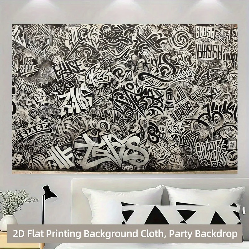 Chunky bold Graffiti Wall Tapestry Black White Grunge Street Art Backdrop Room Decor Photo Booth Party Background Cloth Curtain