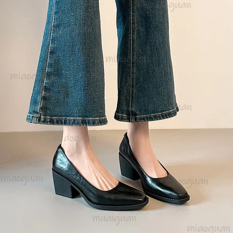

2026 Spring New Women's Square Toe Block Heel Pumps Concise Office Ladies Daily Casual Shoes Slip-on Elegant Heels Zapatos Mujer