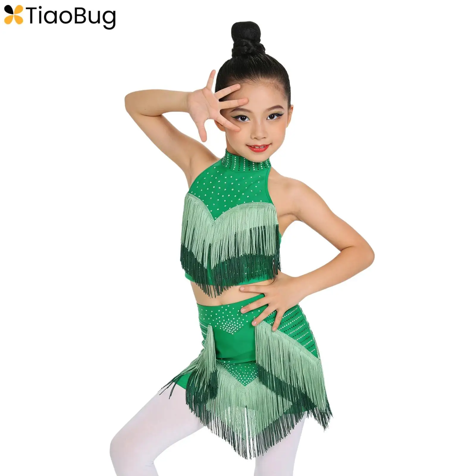 

Kids Girls Rhinestones Tassel Dance Top And Skirt Sets Modern Contemporary Lyrical Ballet Dance Costume Figure Skating Outfits