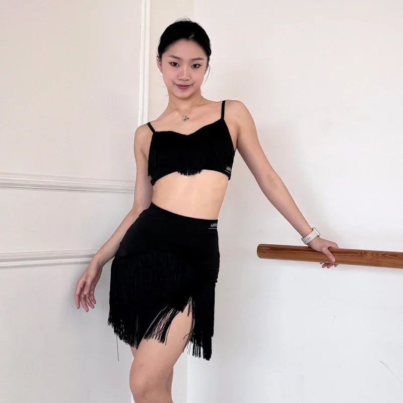 Costumes d'entraînement de danse de salon pour adultes, Costumes de concours de danse latine Rumba pour femmes, robes noires à franges complètes, nouvelle collection SL12838