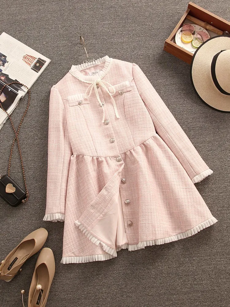 High Quality Small Fragrance Tweed Dresses For Women 2024 Spring Autumn Korean Fashion Sweet Pink Party Dress Vestido Feminino