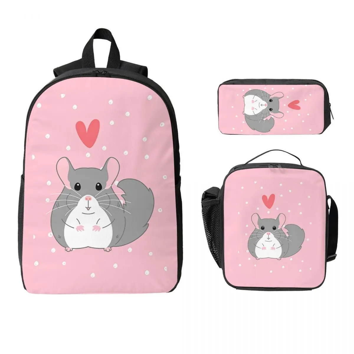 

Love Cute Gray Chinchilla Backpack Student Boys Girls BookBag School Bag Shoulder Bags 3ps Insulated Lunch Bag Pencil Case