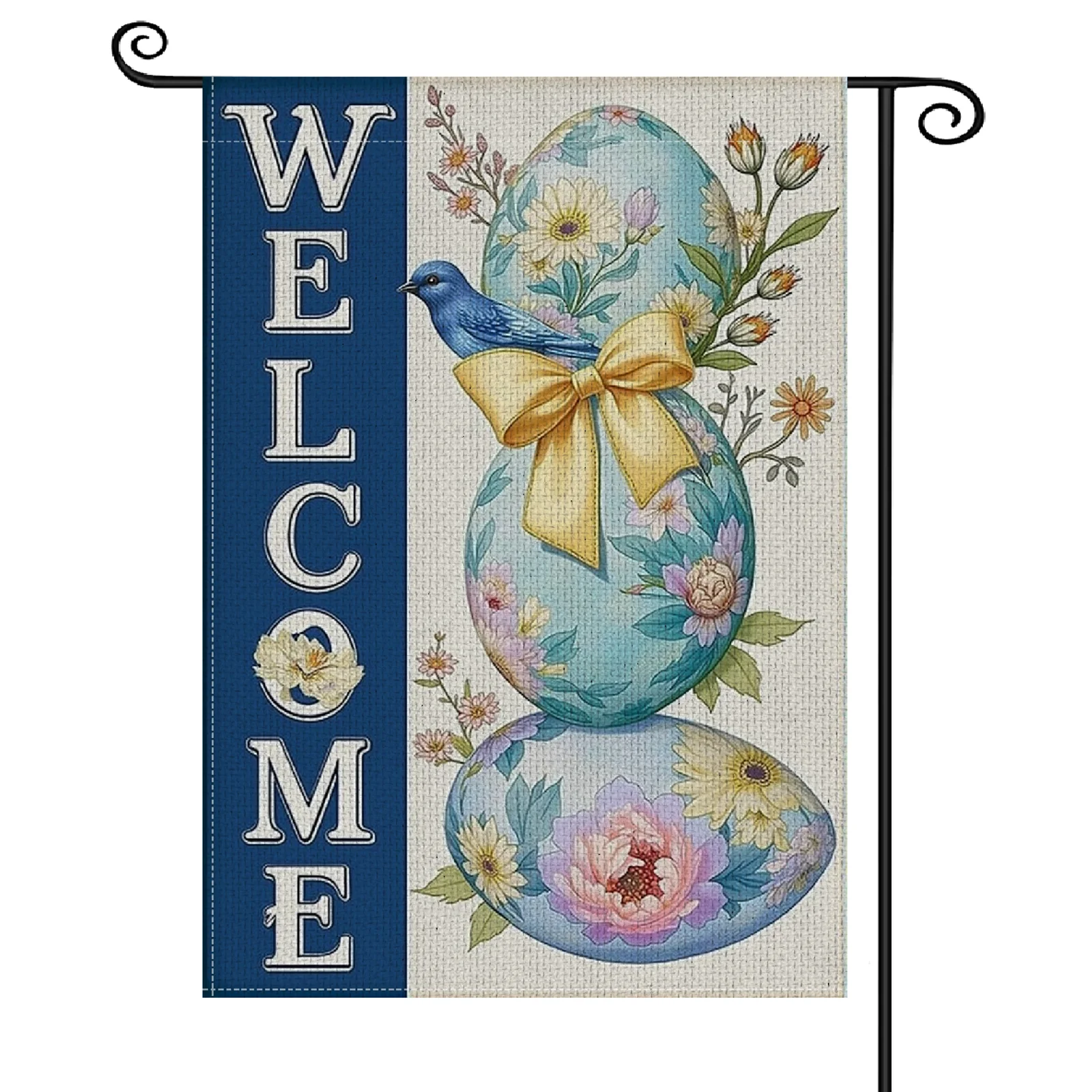 Pastel Floral Welcome Garden Flag Blue Bird Motif Easter Egg Banner Yellow Bow Accent Spring Yard Flag for Easter Celebration