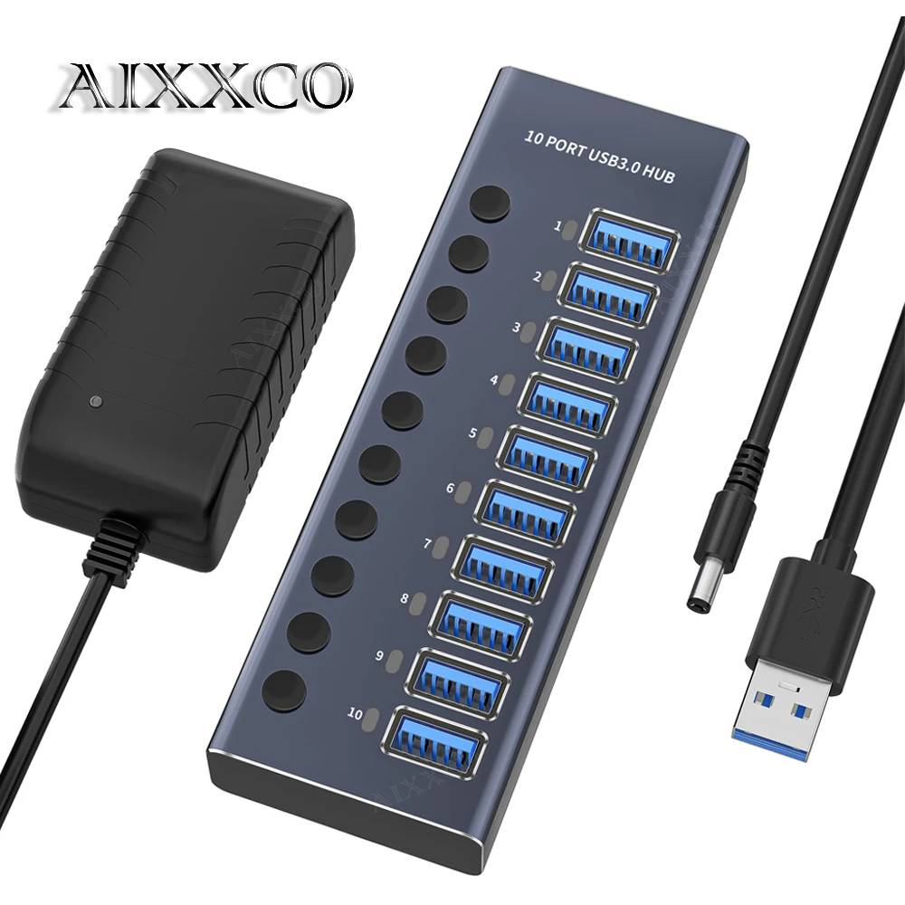 Metal USB 3.0 Hub Multi USB Splitter 4/7/10Ports Use Power Adapter Multiple Expander 2.0 Hub With Switch For Laptop Accessoriess