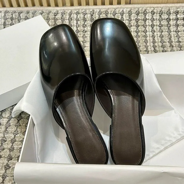 

New Summer Fashion Half Slippers Women's Shoes Slip on Square Toe Flat Bottom pu Leather Sandals Female Leather Shoes