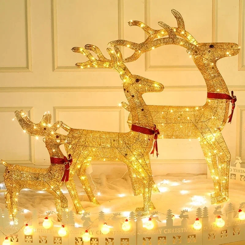 Illuminated Golden Reindeer Set - Outdoor Christmas LED Light Decor with Elegant Antlers